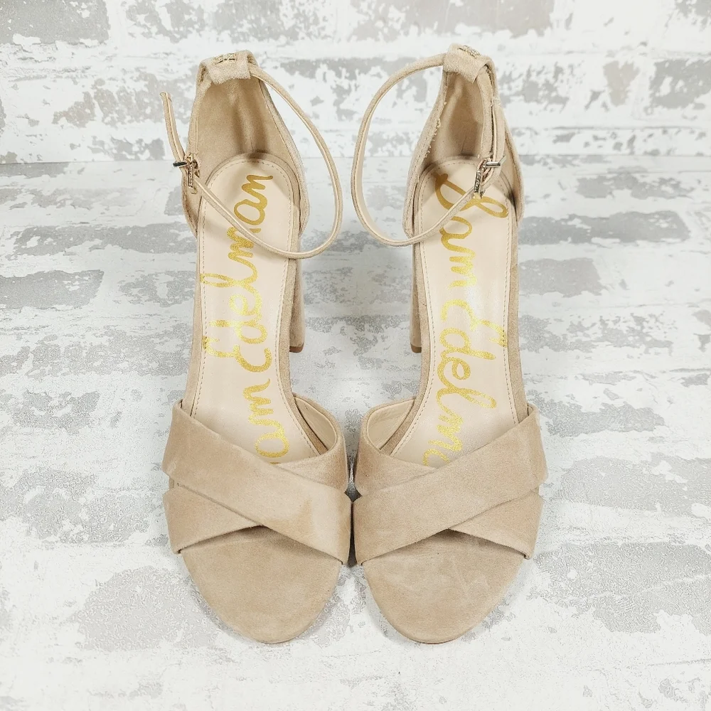 New Sam Edelman Yancy Beige Faux Suede Ankle Strap Heeled Sandals X370 - Picture 10 of 12